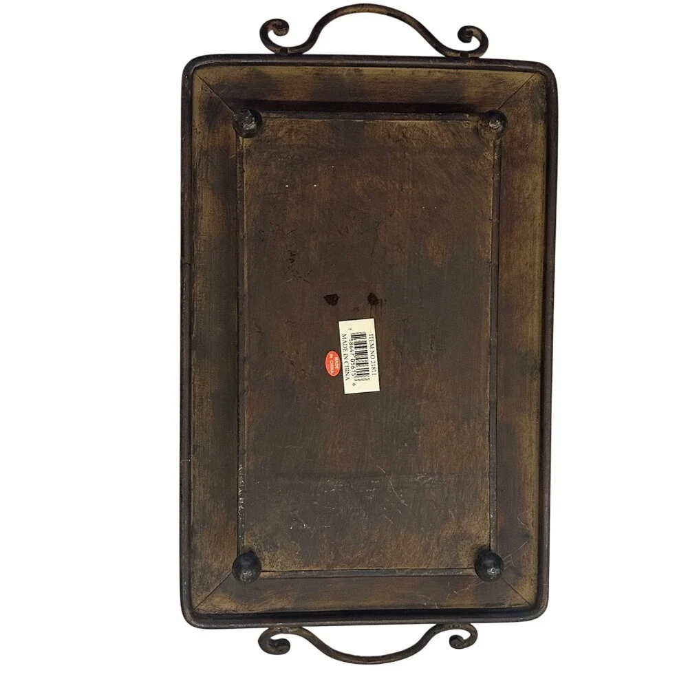 Decorative Serving Tray Rustic Farmhouse Floral Urn Design Scroll‎ Handles